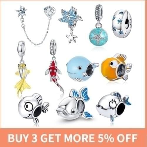 BISAER Blue Starfish Fish Charms 925 Sterling Silver Pendant Zircon Ocean World Beads Fit DIY Bracelet Necklace Jewelry Making
