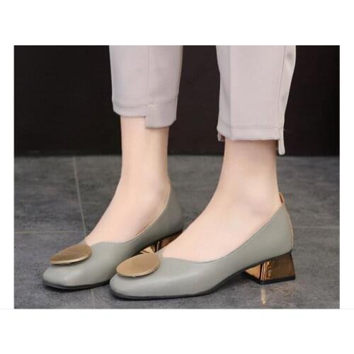 Large size Women Dress Shoes Square Toe classic sexy Heels Pumps Gold Heels Shoes Woman Round Metal Boat shoes low Heels