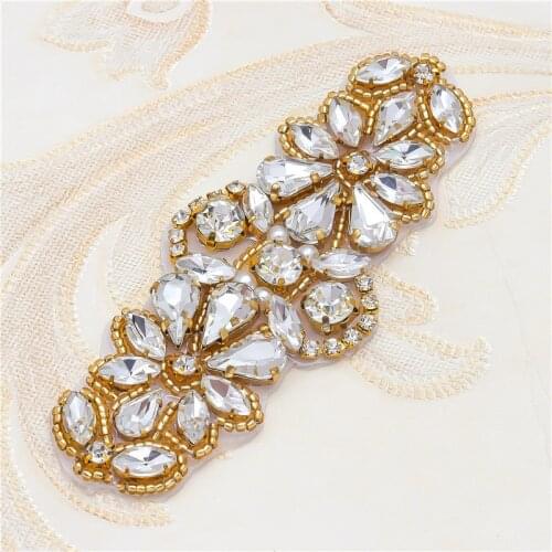 YANSTAR 2PCS Handmade Gold Clear Crystal Rhinestones Appliques For Wedding Bridal Dress Belt Rhinestones Accessories YS885