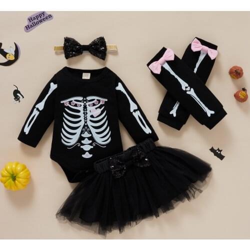 Lioraitiin 01-12M Newborn Infant Baby Girls 4Pcs Halloween Clothes Set Skeleton Bow Knot Printed Pattern Romper Skirt