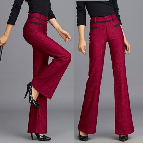 Spring Autumn 2018 New Women Dobby Wined Red Blue Patchwork Floral Wide Leg Trousers , Casual XXL 3XL Fashion Pants For Woman
