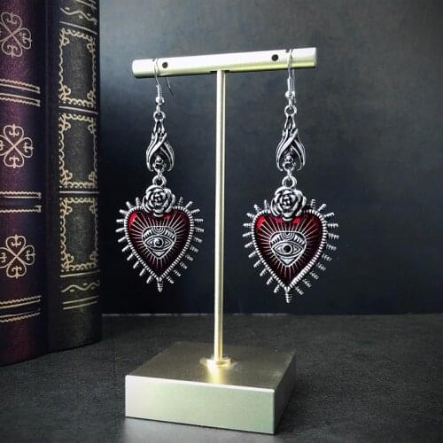Occult Dark Goth Drop Earring Jewelry Blood Rose Heart Oil Bat Gothic Earrings for Womens Retro Hanging Long Earings Aesthetic