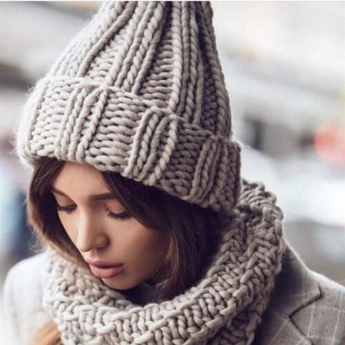 Women Winter Knitted Beanies Hat Thick Soft Warm Coarse Large Knitted Solid Hat Female Ice Ski Bonnet Chunky Skullies Hat