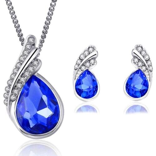 QiLeSen Fine jewelry 925 sterling silver suitable for ladies wedding dark blue crystal set necklace earrings set yw024