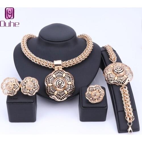 OUHE Hollow Flower Jewelry Set Women African Beads Jewelry Set Party Bridal Nigerian Ethiopian Indian Jewelry Wedding Decoration