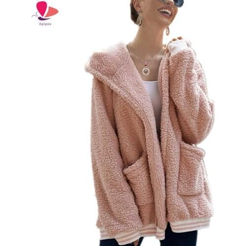 Womens Fleece Hooded Coat Winter Oversized Teddy Sherpa Jacket Fluffy Warm Cardigan Outwear with Pockets