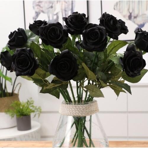 10 Pieces Wedding Engagement Party Favor Silk Cloth Rose Plastic Artificial Flower Branch 40cm Black White Red Pink 12 Color