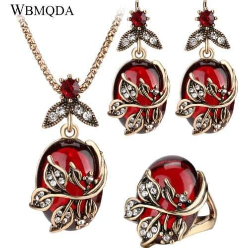 3 Pcs/lot Vintage Red Green Turkish Jewelry Sets Crystal Branch Leaves Ring Earrings Necklace Women Antique Gold Jewellery