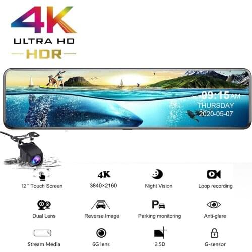4K 12" Car Dvr Mirror Auto Dash Camera Dual Lens DashCam Auto Video Recorder support GPS 1080P Rear Camera 24H Parking Monitor