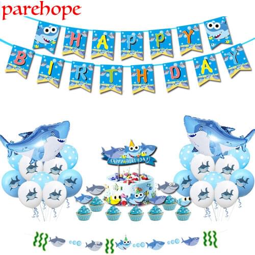 Shark Baby Happy Birthday Party Pulling Bunting Seabed Animal Banner Boy Girl Baby Birthday Kids Party Decoration Package Favor