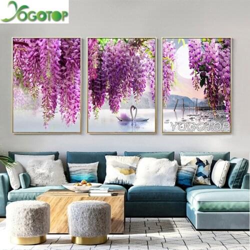 Diy Diamond Painting Purple Flower Tree 5D full mosaic diamond Embroidery Swan Lake natural Landscape Wall Art 3pcs/set ML981