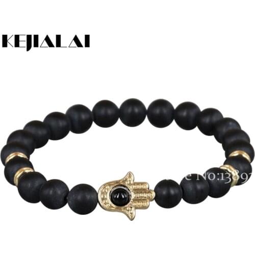 Nature 8mm Black Lava//Tiger Eye Energy Stone Beads Bracelet, Gold Color Hamsa Hand Charm Bracelet Yoga Mala Bracelets