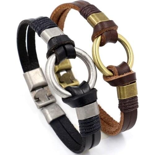 Alloy Circle Handmade Vintage Retro Black Cuff Bangle Genuine Leather Bracelets Men Women Jewelry Accessories