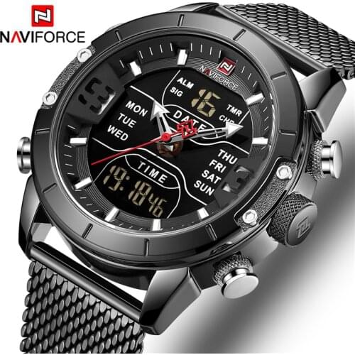 NAVIFORCE Men Watch Casual Fashion Dual Time Led Digital Waterproof Stainless Steel Strap Chronograph Alarm Week Display Watches