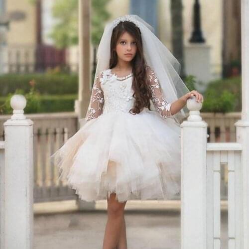Flower Girl Dresses For Wedding Jewel Lace Applique Girls Pageant Dresses With Half Sleeve Beaded Sash