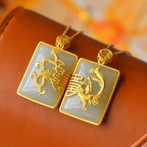 Designer original natural Hetian jade dragon and phoenix square brand couple pendant Chinese style retro ladies silver jewelry