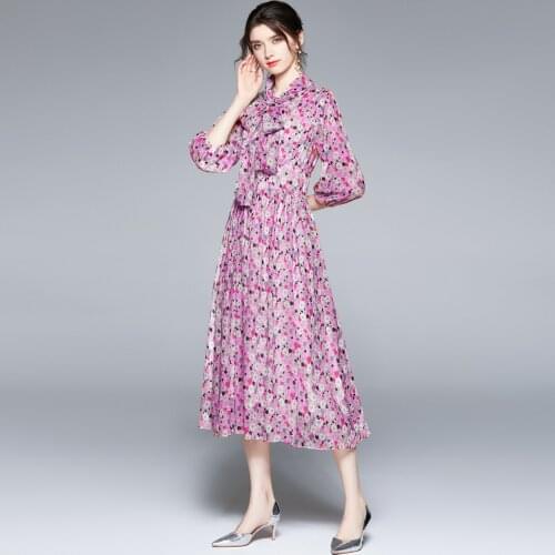 JSXDHK Fashion Runway Women Bow Collar Holiday Beach Dress Summer Chiffon Flower Printed Lantern Sleeve High Waist Long Dresses