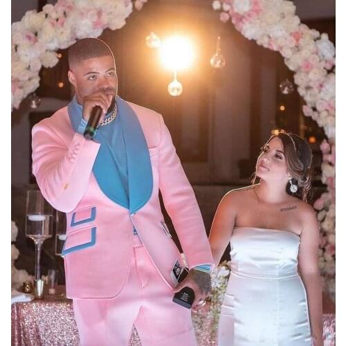 Summer Beach Pink Mens Tuxedos Groom Wedding Suits One Button Blue Lapel Plus Size Prom Party Blazer Suit(Jacket+Pants)