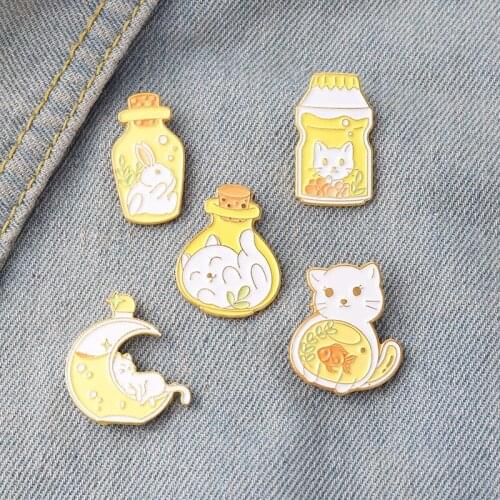 Cute Yellow Moon Bunny Cat Enamel Brooches For Women Milk Wish Bottle Fish Tank Backpacks Animal Badge Lapel Pin Jewelry
