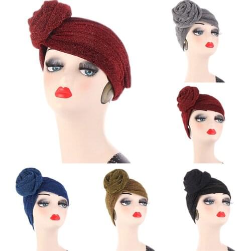 Muslim Hijab Inner Cap Women Flower Pleated Turban Shinny Glitter Beanie Bonnet Indian Chemo Hat Head Scarf Wrap Hair Loss Cover