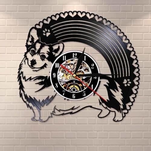 Pembroke Welsh Corgi With Love Hearts Vinyl Record Wall Clock Cardigan Corgy Black Vinyl LP Silent Movement Clock Dog Pet Gift