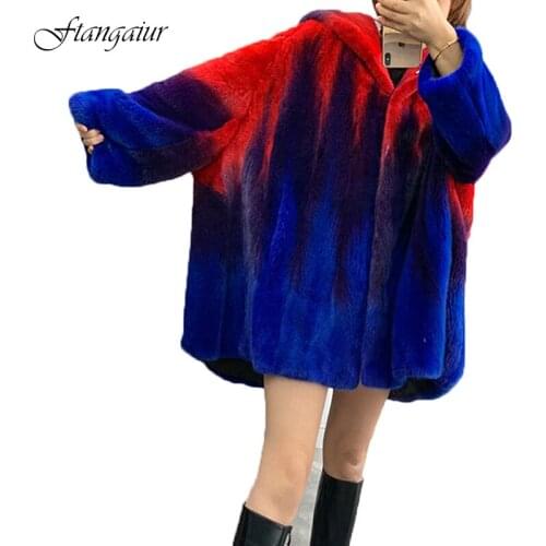 Ftangaiur 2021 Winter Import Velvet Mink Fur Coat Gradient Contrast Color With Hood Women Medium Natural Real Mink Fur Coats