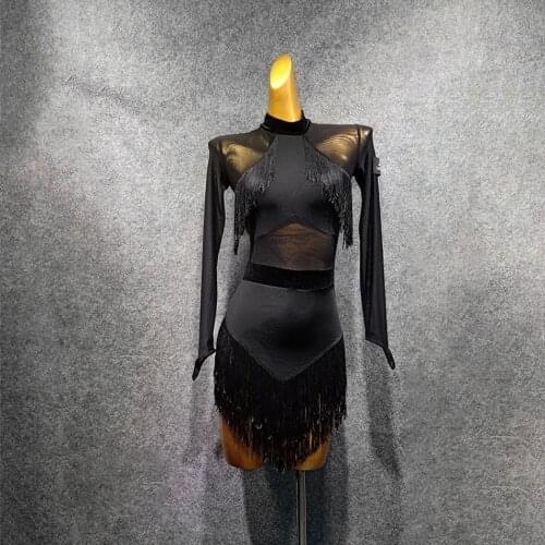 2020 New Black Long Sleeve Tassel Design Latin Dance Dress Dancing Performance Women Dress Ballroom Samba Tango T048-2
