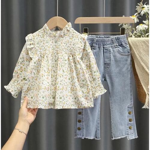 2021 Spring Autumn New Fashion Long Sleeves Clothing Casual Girls Printed Shirt + Jeans 2 PCS/Set Children Costume for Girl W107