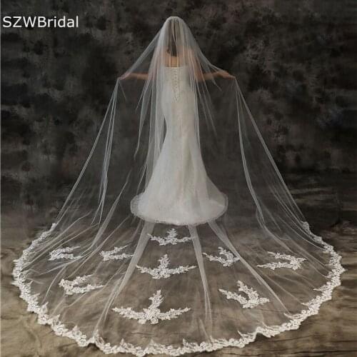 New Arrival Ivory Cathedral Wedding Veils Long Lace Applique Bridal Veil with Comb Weeding accessoire Voile mariee Sposa Welon