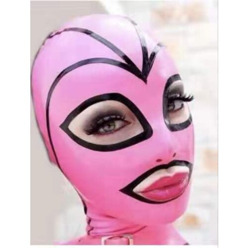 Handmade Sexy Pink Latex Hood Rubber Holiday Party Mask Open Black Eyes Mouth