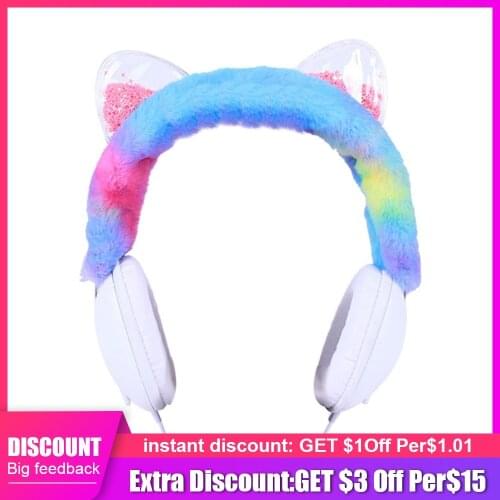 Gypsophila Cat Ears wired headset girl game music stereo headset with mic cute cat computer ear hook headset 3.5mm Children gift