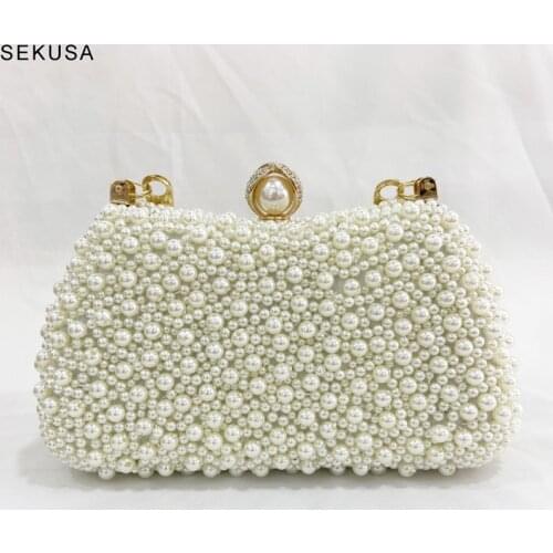 New Fashion Women Evening Clutch Bag Gorgeous Pearls Crystal Beading Bridal Wedding Party Bags Female Chain CrossBody Handbags