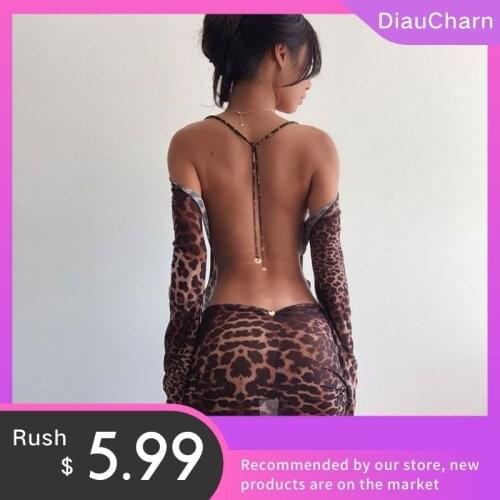 Party Night Sexy Leopard Backless See-Through Clubwear Women Stylish Flared Sleeves Lace Up Bodycon Mini Street Dresses