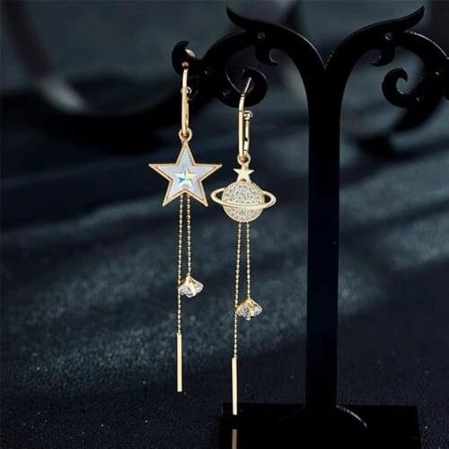 Time Traveler: Charm Planet Long Crystal Tassel Gold Color Hanging Dangle Earrings for Women Wedding Drop Earing Fashion Jewelry