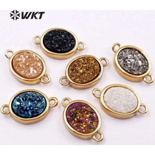 WT-C238 Wholesale Lovely Oval Shape Necklaces Connector Multi-options Shining Natural Druzy Stone Electroplated Connector