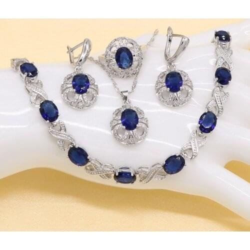 Jewelry Set New Blue Zircon 925 Sterling Silver Set Sor Women With Bracelet Earrings Necklace Pendant Ring Birthday Gift