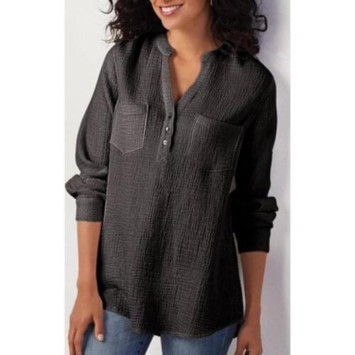 2021 womens shirt long-sleeved shirt autumn and winter solid color V-neck cotton and linen shirt loose large size shirt women