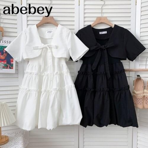 Temperament short sleeve lace up short Cardigan Top + Ruffles high waist Pleated Dress two piece set 2021 New Summer