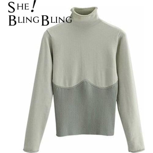 SheBlingBling Za Women 2021 Winter Patchwork Turtleneck Knit Sweater Long Sleeve Slim Pullover Tra Female Chic Knitted Grey Top