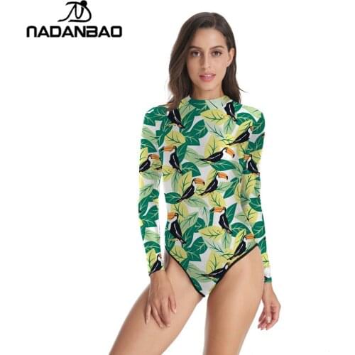 2021 One Piece Swimsuit Loog Sleeve Swimwear Women Zippered Surfing Bathing Suit Colorful Leaves Printed Bodysuit Y02034