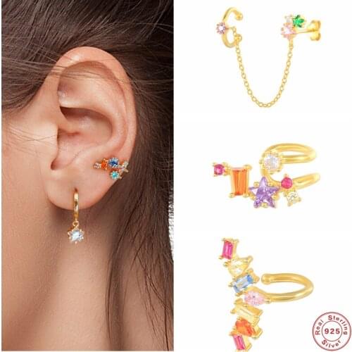 Aide 925 Sterling Silver Rainbow Crystal Mosaic Double Circle Ear Cuffs Women Colored Zircon Chain Clip Earrings Party Jewelry