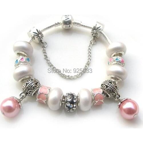 Free shipping 17-21cm silver plated copper snake chain alloy pink alloy big hole charms white acrylic beads fashion bracelet