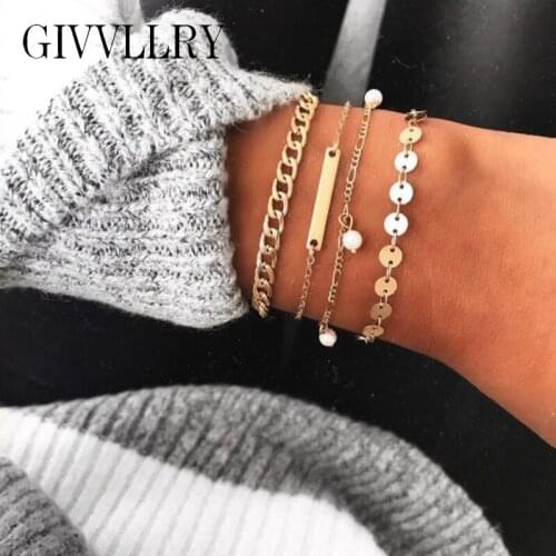 Free Shipping Minimalist Metal Sequins Bracelets for Women Vintage Punk star style Plain Chain Tassel Charm Bracelet Set Jewelry