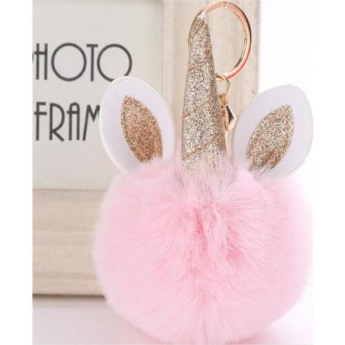Sequin Unicorn Pom Keychain Artificial Pompoms Rabbit Fur Ball Pompon Key Chain Women Bag Car Keyring B137