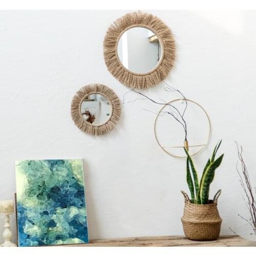 Macrame Decorative Wall Mirror Wall Hanging Tapestry Mirror Retro Handmade Round Woven Homestay for Living Room Bohemian Decor