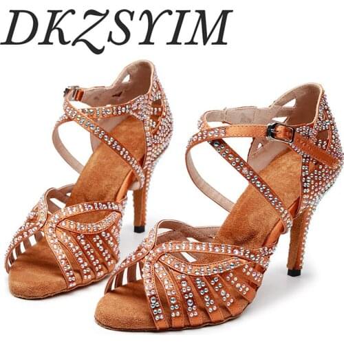 DKZSYIM Discounts And Promotions Jazz Salsa Ballroom Latin Dance Shoes For Dancing Women Sexy Heels Summer Rhinestone Black Sand