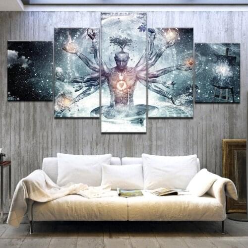 5 Pcs Buddha with Colorful Clouds Canvas Print Painting Picture Traditional Buddha Statue Pics Abstract Creative Wall Art Decor