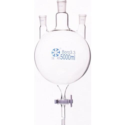 Three-necked round bottom flask straight shape 5000ml Main 29/42 and Side 24/40,with three necks standard ground mouth,PTFE door