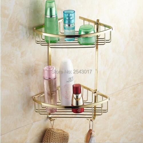 High Quality Basket Storage Golden Finish Wall Mounted Double Layer Cosmetic Liner Basket Shelf Bathroom Accessories ZR2519