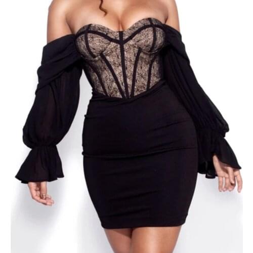 Lace Bodycon Dress Off Shoulder Patchwork 2 Layer Backless Zip Long Sleeve Mini Black Dress Woman Summer Party Vestidos